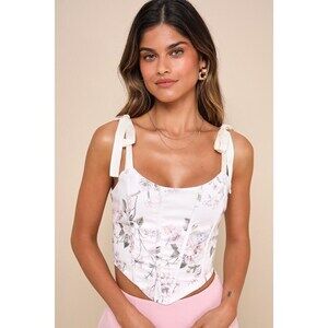 Lulus Attractive Darling Cream Floral Tie-strap Lace-up Bustier Top White